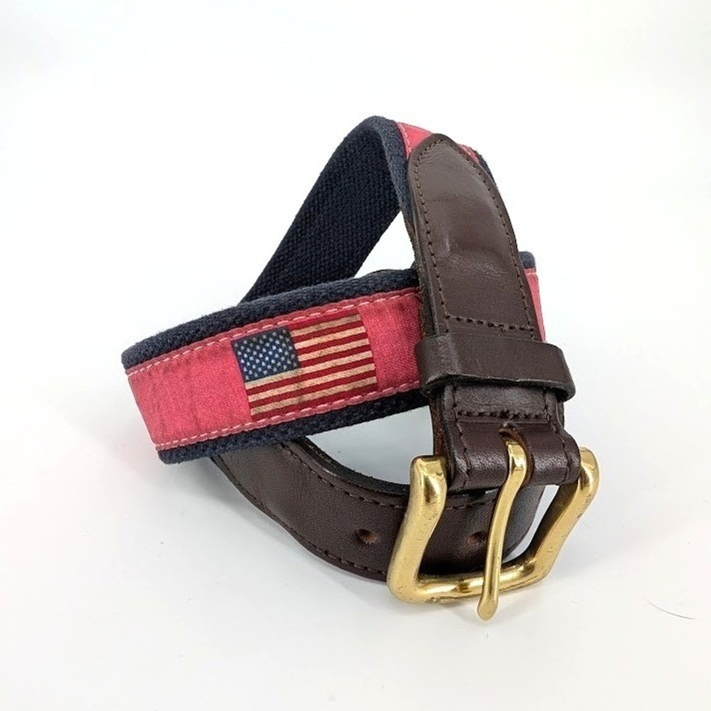 Vineyard Canvas Leather Club Belt Americana American Flag Nantucket Red Brass 32